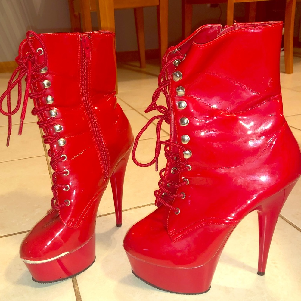 Used Pleaser Delight 1020 Red 6” booties sz 7